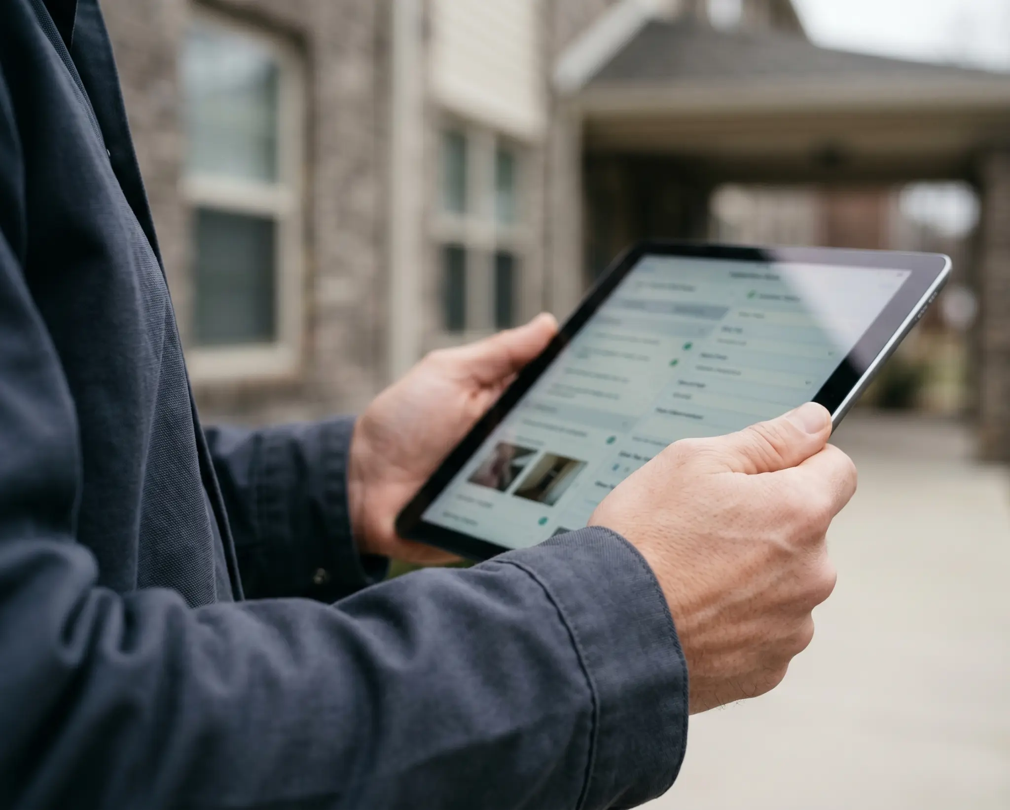 An inspector reviewing housing inspection information on a tablet at a residential property